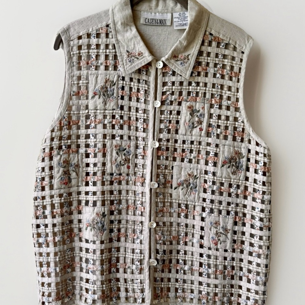 Vintage Casey & Max Beige Floral Gingham Vest Latticework Cotton Linen Blend Lg